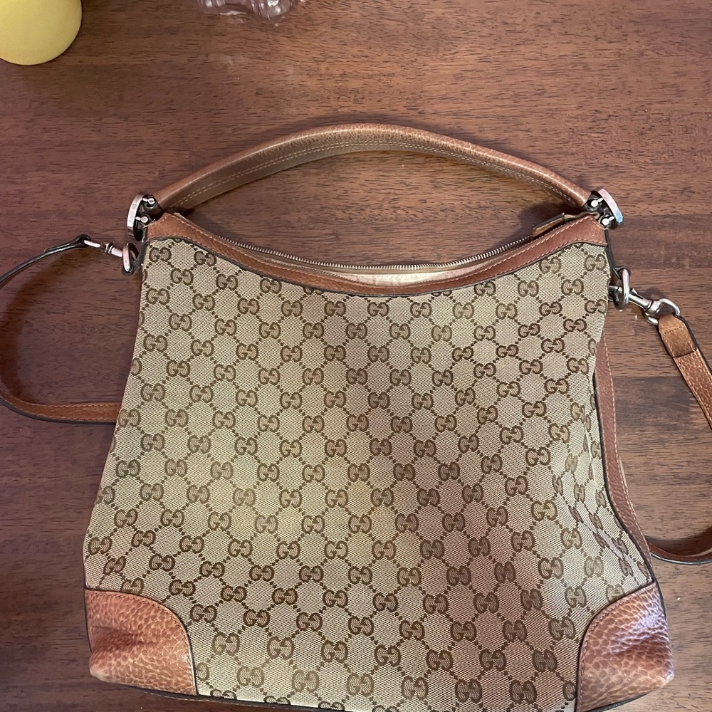 Gucci Beige Monogram Canvas Hobo with Brown Leather Trim